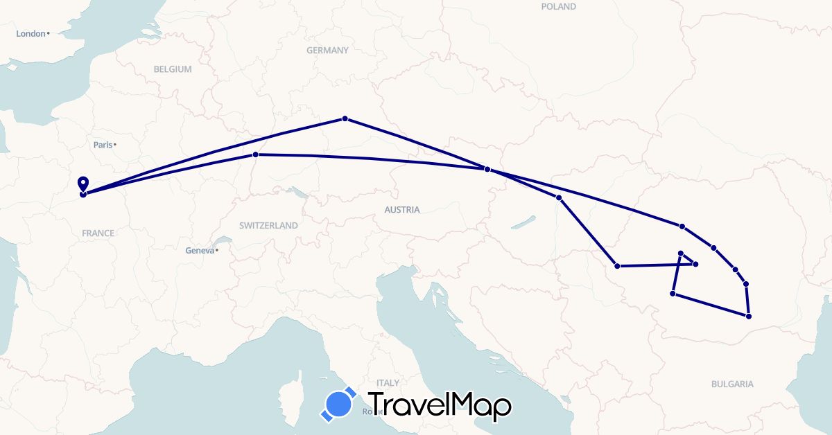 TravelMap itinerary: driving in Austria, Germany, France, Hungary, Romania (Europe)