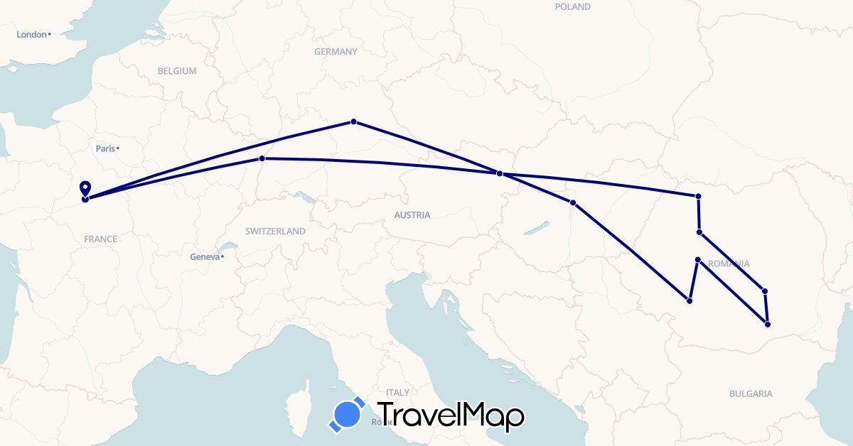 TravelMap itinerary: driving in Austria, Germany, France, Hungary, Romania (Europe)