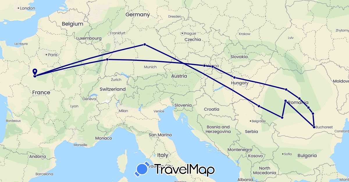 TravelMap itinerary: driving in Austria, Germany, France, Hungary, Romania, Slovakia (Europe)